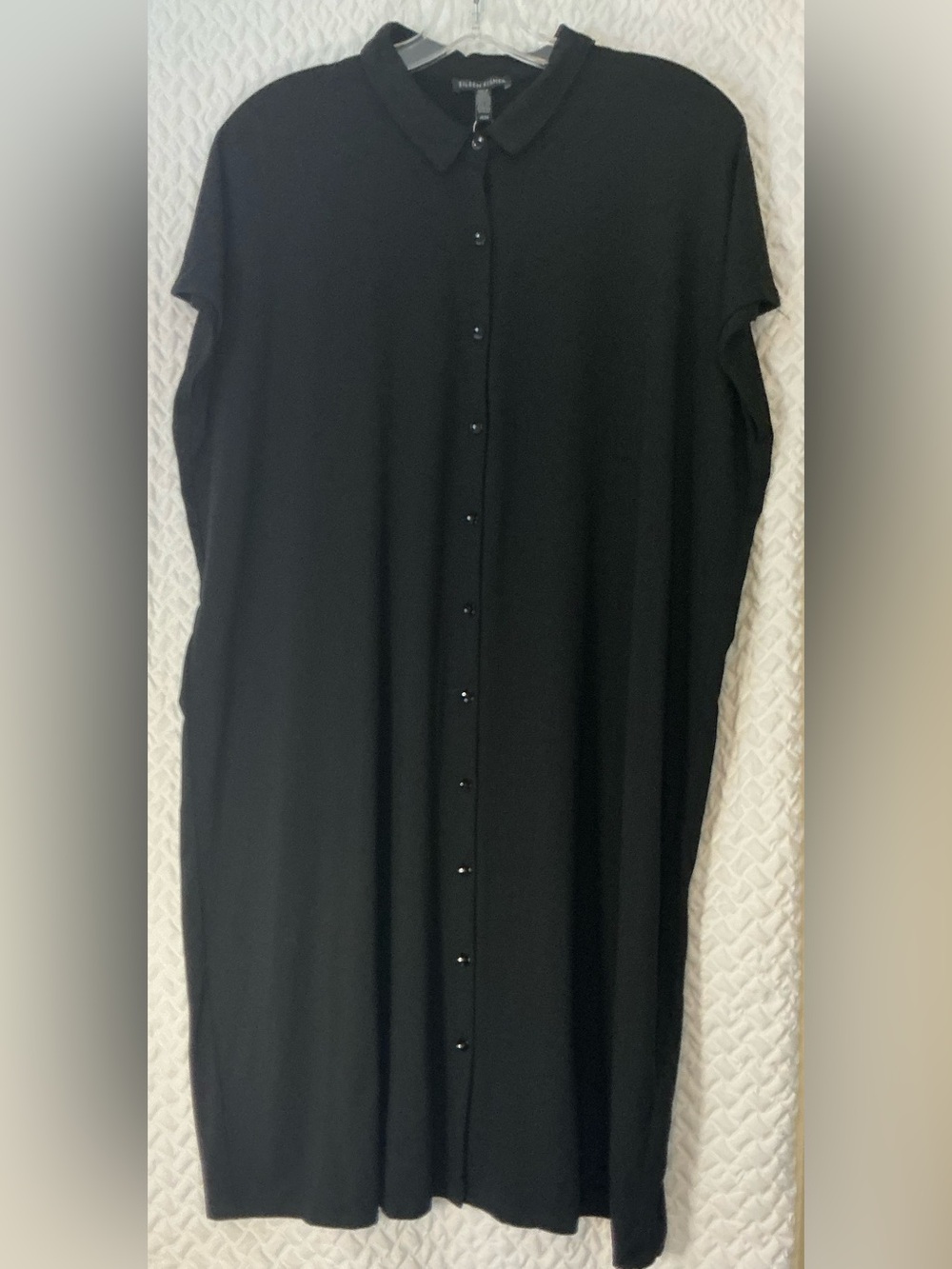 Eileen Fisher Black Jersey Shirt Dress M/M Button Front Collared Midi Dress